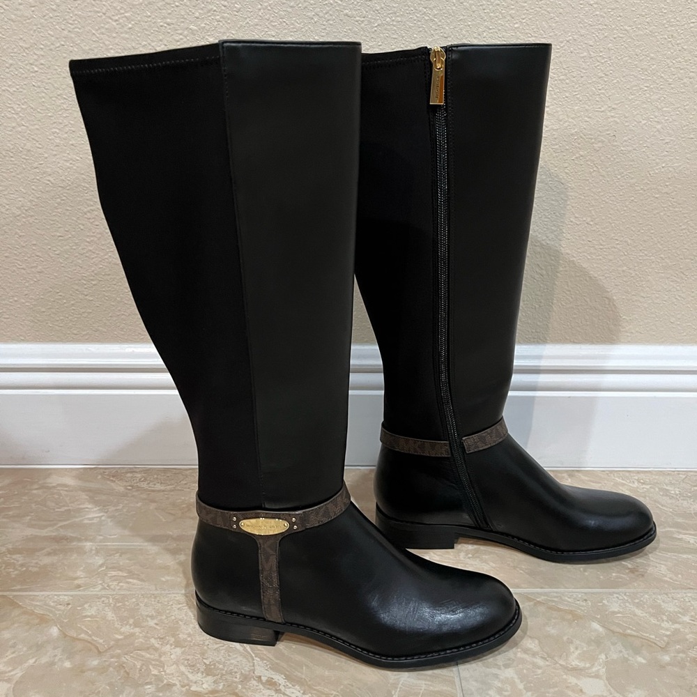 Michael Kors Leather Women’s Finley Tall Riding Boots-Black/Brown. NEW - Picture 3 of 10